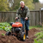 Homme en tenue de travail guidant un rototiller dans un jardin