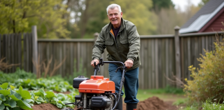 Homme en tenue de travail guidant un rototiller dans un jardin