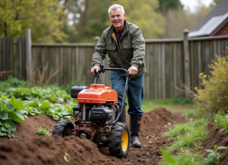 Homme en tenue de travail guidant un rototiller dans un jardin