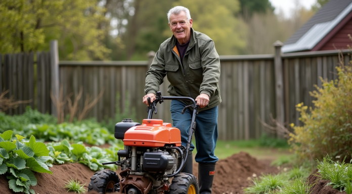 Homme en tenue de travail guidant un rototiller dans un jardin
