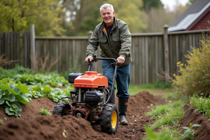 homme-jardinage-rototiller Homme en tenue de travail guidant un rototiller dans un jardin