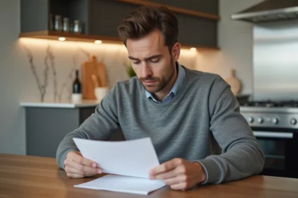 Homme lisant un document dans une cuisine lumineuse