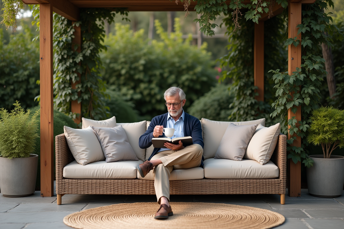 Homme lisant et buvant du thé dans un coin de jardin