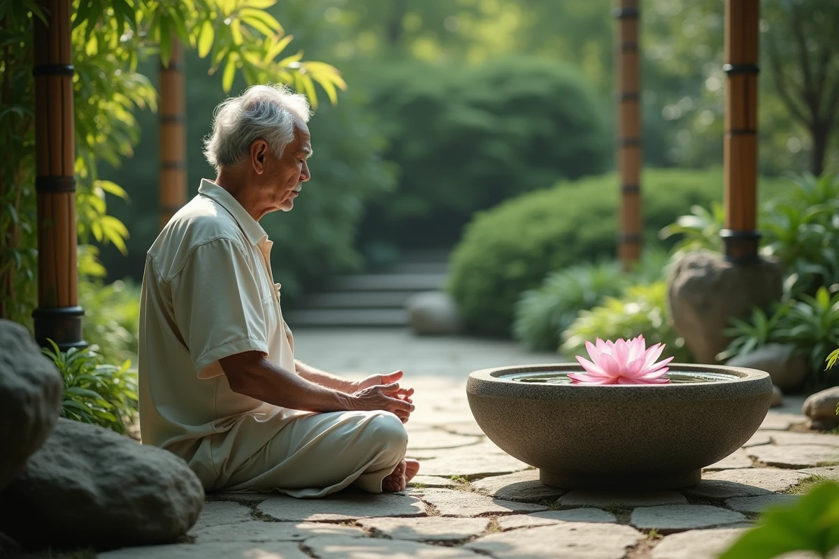 Homme âgé méditant dans un jardin avec lotus flottants