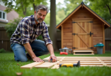 Homme mesurant panneaux de cabanon en jardin