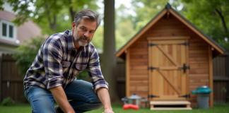 Homme mesurant panneaux de cabanon en jardin