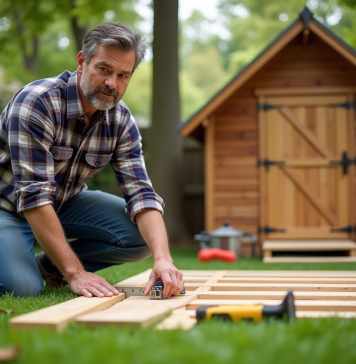 Abris de jardin : quand et comment acheter ? Homme mesurant panneaux de cabanon en jardin