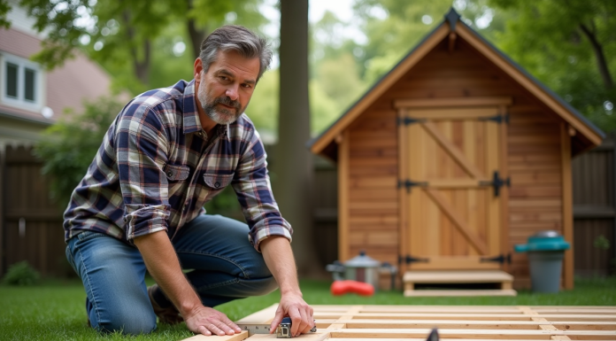 Abris de jardin : quand et comment acheter ? Homme mesurant panneaux de cabanon en jardin