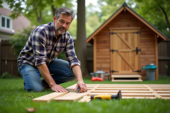 homme-mesure-atelier-jardin Homme mesurant panneaux de cabanon en jardin