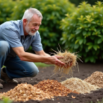 Paillis absorbant : quel matériau retient le plus l’eau ? Homme d'âge moyen examine du paillis dans un jardin