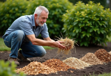Paillis absorbant : quel matériau retient le plus l’eau ? Homme d'âge moyen examine du paillis dans un jardin