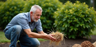 Paillis absorbant : quel matériau retient le plus l’eau ? Homme d'âge moyen examine du paillis dans un jardin
