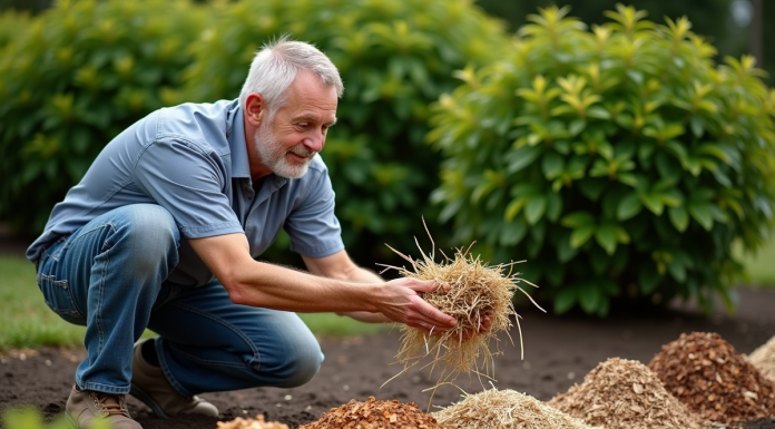 Paillis absorbant : quel matériau retient le plus l’eau ? Homme d'âge moyen examine du paillis dans un jardin