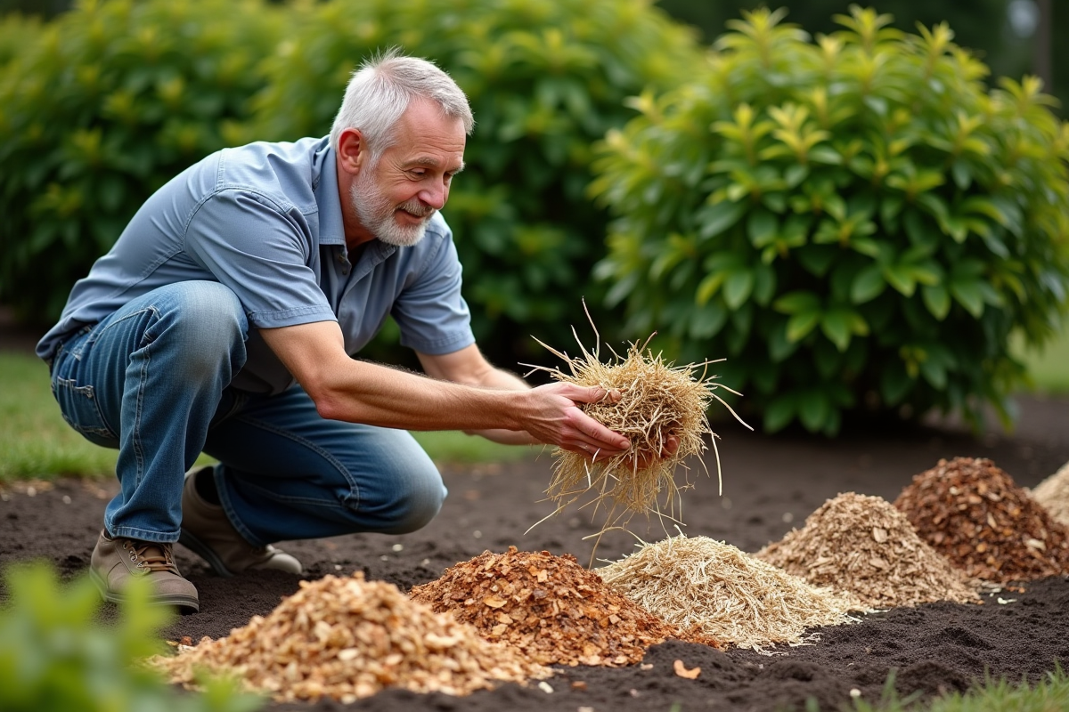 Homme d'âge moyen examine du paillis dans un jardin