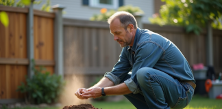 Combattez efficacement une fourmilière : conseils et astuces pratiques Homme en tenue casual près d'une fourmilière dans un jardin