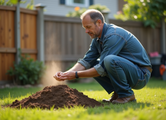 Combattez efficacement une fourmilière : conseils et astuces pratiques Homme en tenue casual près d'une fourmilière dans un jardin