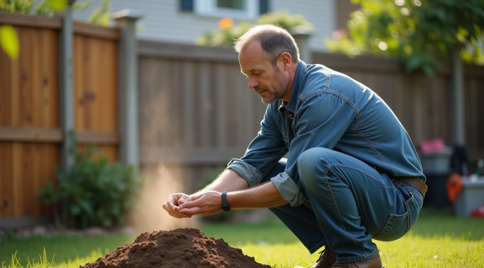 Homme en tenue casual près d'une fourmilière dans un jardin