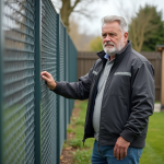 Homme inspectant une cloture métallique moderne dans un jardin