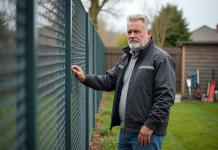 Homme inspectant une cloture métallique moderne dans un jardin