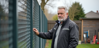 Clôture incoupable : découvrez quelle clôture résiste aux coupures ! Homme inspectant une cloture métallique moderne dans un jardin