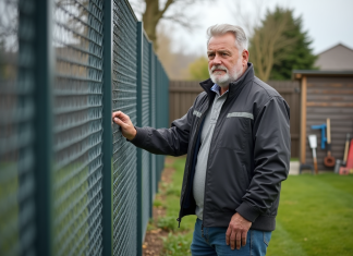 Clôture incoupable : découvrez quelle clôture résiste aux coupures ! Homme inspectant une cloture métallique moderne dans un jardin