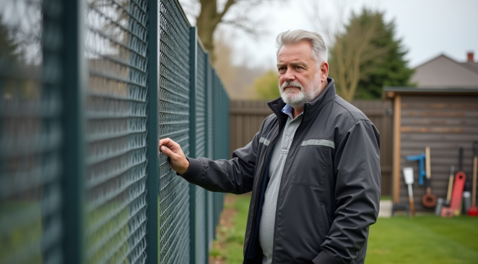 Homme inspectant une cloture métallique moderne dans un jardin