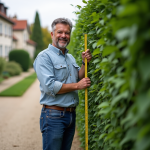 Normes pour les haies : quelles règles respecter en France ? Homme mesurant une haie dans un jardin en banlieue