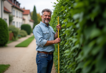 Normes pour les haies : quelles règles respecter en France ? Homme mesurant une haie dans un jardin en banlieue