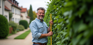Normes pour les haies : quelles règles respecter en France ? Homme mesurant une haie dans un jardin en banlieue
