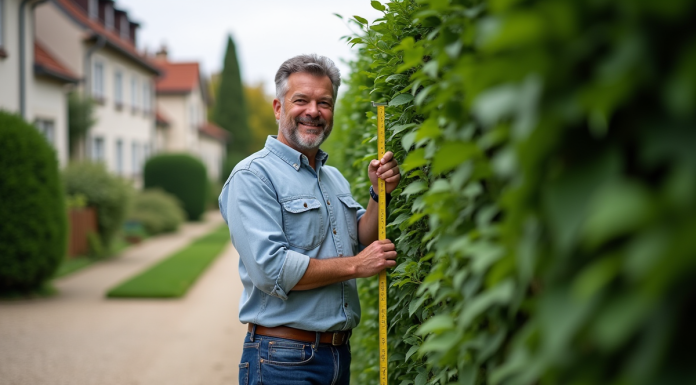 Normes pour les haies : quelles règles respecter en France ? Homme mesurant une haie dans un jardin en banlieue