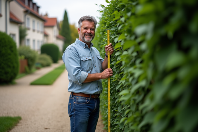 homme-taillant-haie-jardin Homme mesurant une haie dans un jardin en banlieue