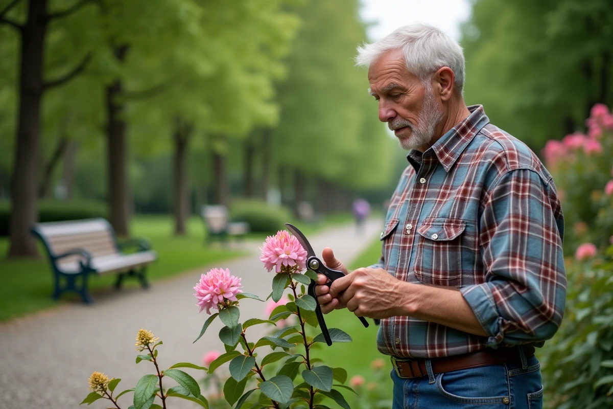 Homme âgé examinant un rhododendron dans un parc public