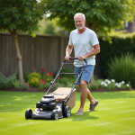 Bienfaits et méthode pour tondre la pelouse : préservez votre jardin ! Homme d'âge moyen tondant la pelouse en été dans un jardin
