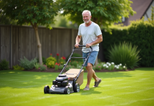Homme d'âge moyen tondant la pelouse en été dans un jardin
