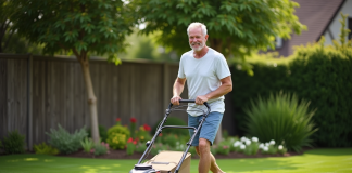 Homme d'âge moyen tondant la pelouse en été dans un jardin