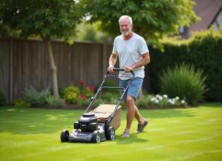 Bienfaits et méthode pour tondre la pelouse : préservez votre jardin ! Homme d'âge moyen tondant la pelouse en été dans un jardin