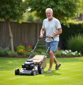Homme d'âge moyen tondant la pelouse en été dans un jardin