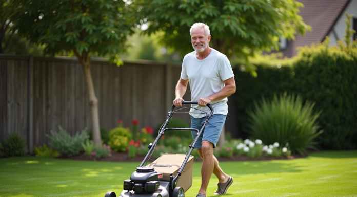 Bienfaits et méthode pour tondre la pelouse : préservez votre jardin ! Homme d'âge moyen tondant la pelouse en été dans un jardin