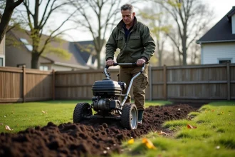 Homme en vêtements de travail avec motoculteur dans le jardin