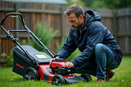 Homme inspectant une tondeuse électrique sous la pluie dans le jardin