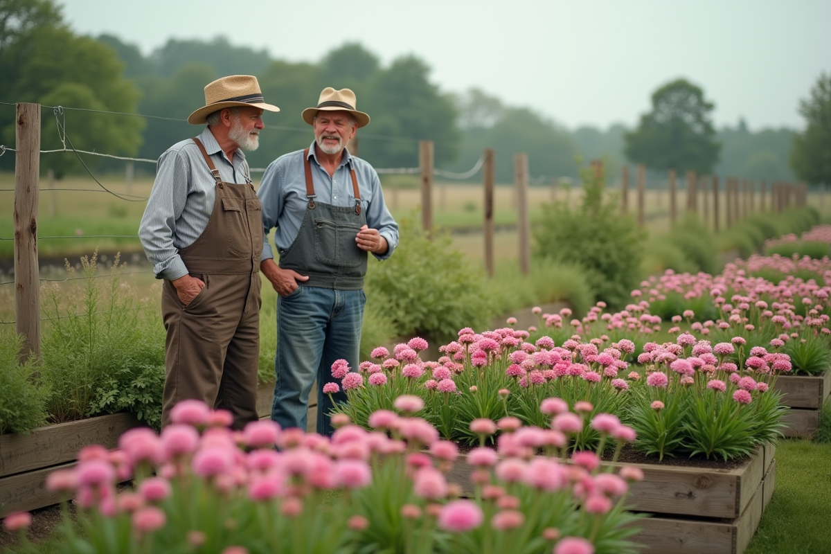 Deux hommes discutent de dianthus dans un jardin communautaire