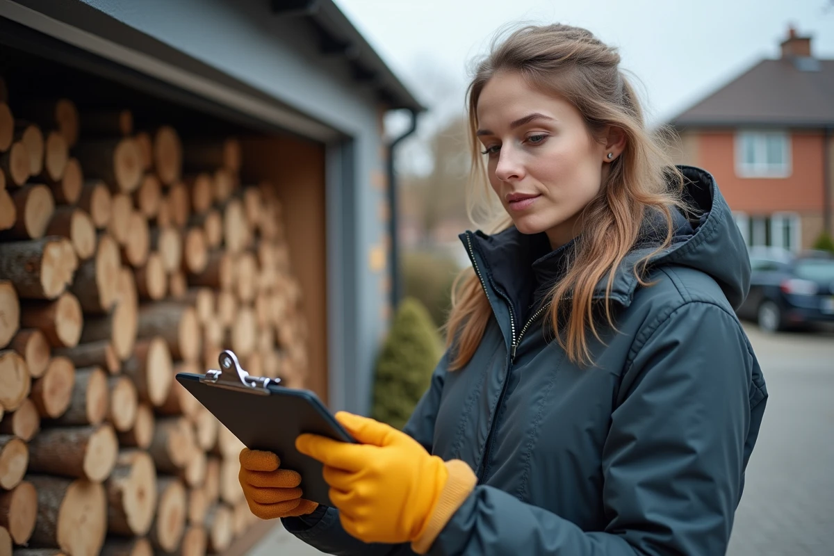 Jeune femme inspectant du bois de chauffage devant sa maison
