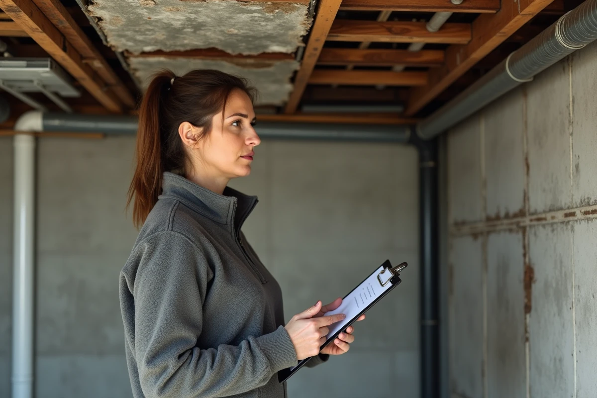 Femme inspectant des dégâts causés par un loir dans une pièce technique de maison avec clipboard