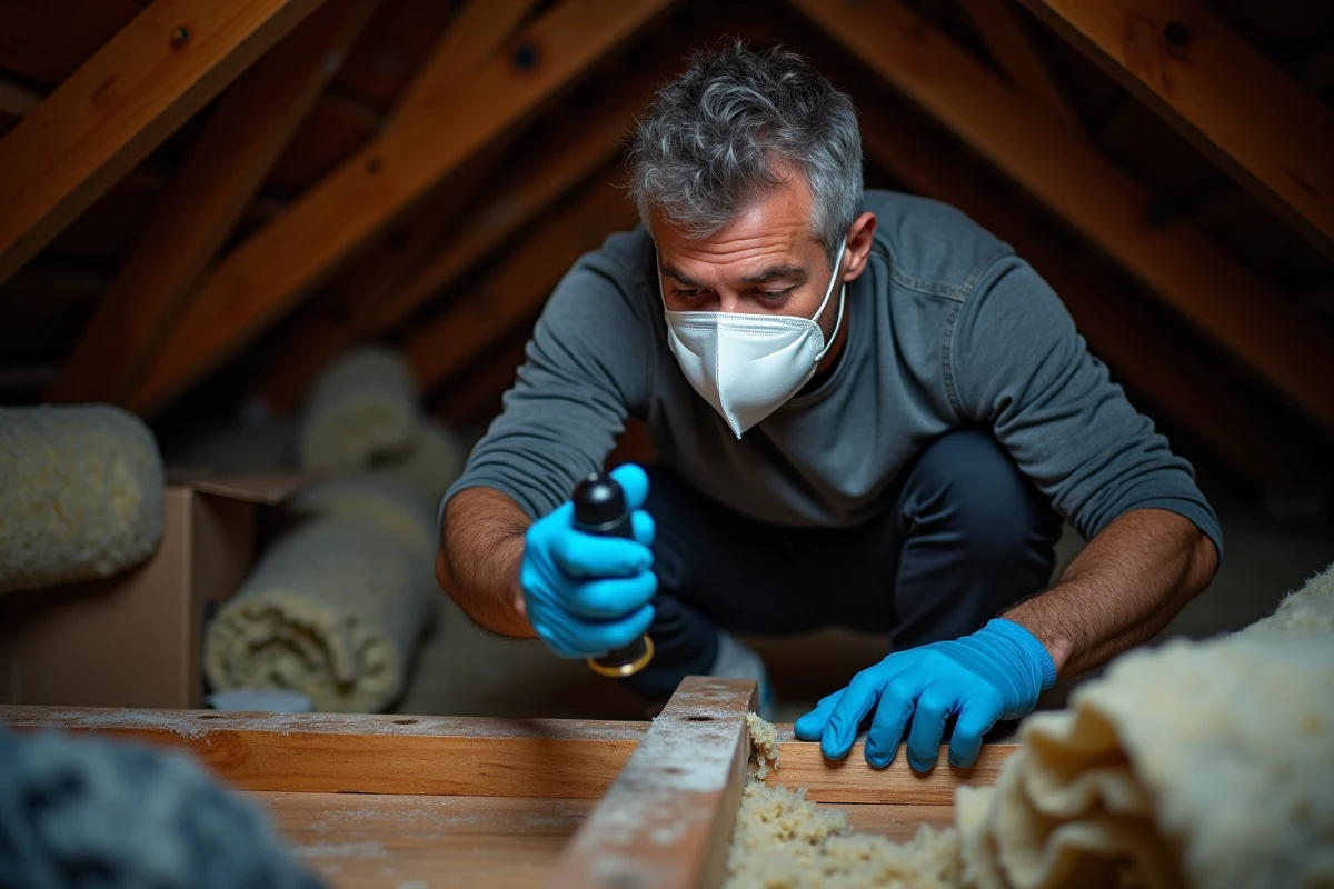 Homme équipé d'un masque et de gants inspectant les poutres d'un grenier à la recherche de traces de chauves-souris de Loire