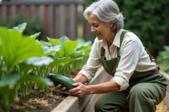 Femme jardinière inspectant les feuilles de plants de courgettes dans un potager surélevé pour détecter les maladies