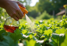 Personne dans un jardin vaporisant un désherbant maison