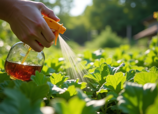 Personne dans un jardin vaporisant un désherbant maison