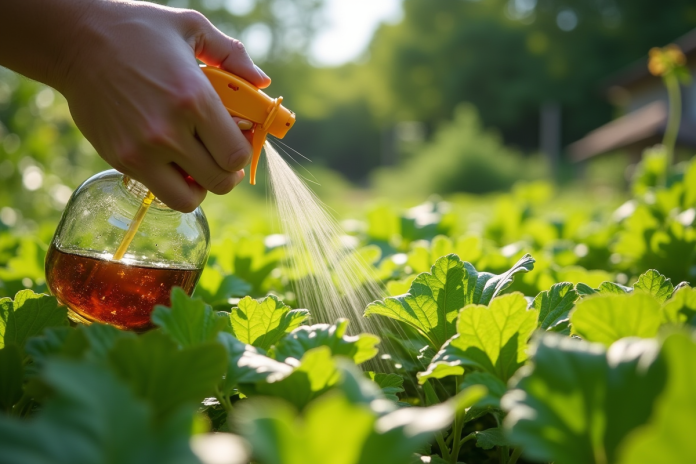 Personne dans un jardin vaporisant un désherbant maison