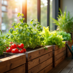 Petit jardin en balcon urbain avec légumes en pot soleil