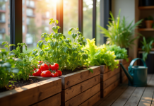 Petit jardin en balcon urbain avec légumes en pot soleil
